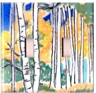 A handmade double toggle fused glass switch plate cover with the image of Aspen trees.