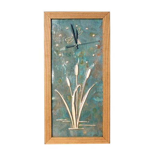 Clock - Tall Box Clock - Patina Copper Dragonfly & Cattail Face