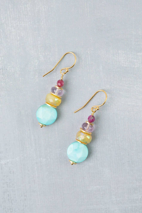 Treasure Honey Opal, Amethyst, Ruby with Turquoise Simple Earrings