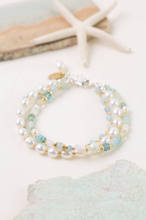 Serenity 7.5-8.5" Aquamarine, Freshwater Pearls, Apatite Multistrand Bracelet