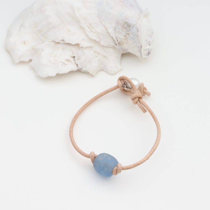 Anklets - Sea Glass Leather - Natural - Blue - 9"