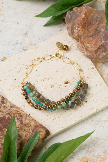 Bracelet - Desert Sunset 7.5-8.5" Labradorite, Turquoise, Freshwater Pearl Multistrand Bracelet