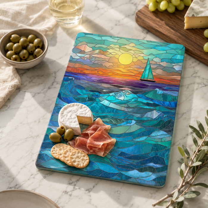 Tempered Glass Cutting Board - Sailboat Sunset - 11x15 inch