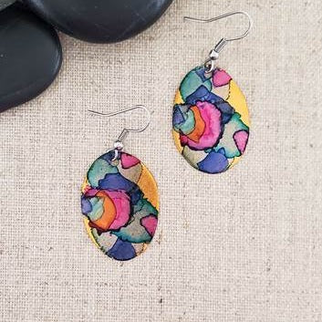 Earrings - Small Oval - Alcohol Ink - Pink - CAJ