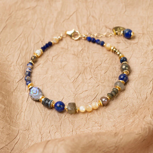 Bracelet - Blue Moon 7.5-8.5" Lapis Lazuli, Pyrite, Labradorite, Sodalite, Freshwater Pearl, Mother Of Pearl, Abalone Flower Collage