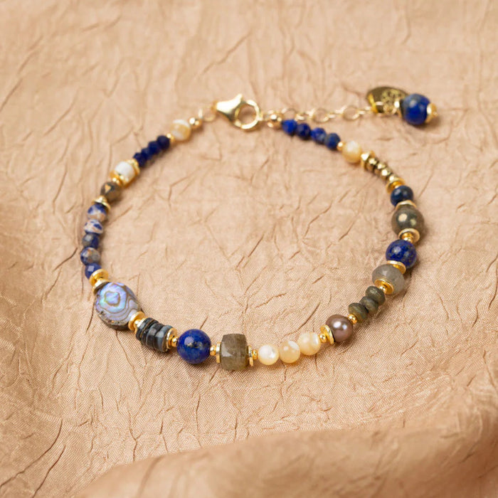 Bracelet - Blue Moon 7.5-8.5" Lapis Lazuli, Pyrite, Labradorite, Sodalite, Freshwater Pearl, Mother Of Pearl, Abalone Flower Collage