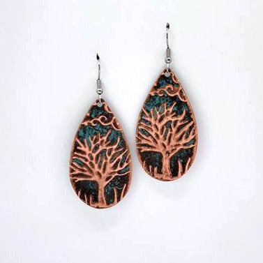 Earrings - Embossed Natural Patina Teardrops - Tree - Large - CAJ
