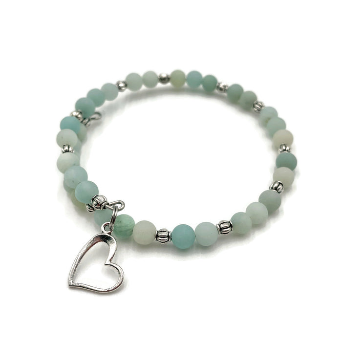 Gemstone Wrap Bracelet - Blue Amazonite - Matte - Heart Charm