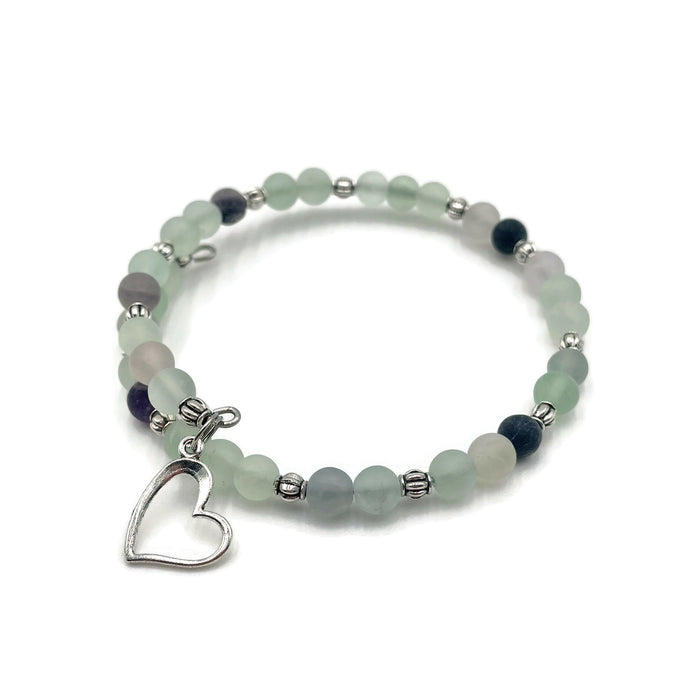 Gemstone Wrap Bracelet - Fluorite - Matte - Heart Charm