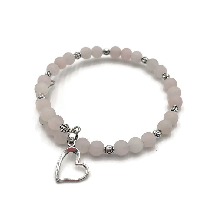 Gemstone Wrap Bracelet - Rose Quartz - Matte - Heart Charm