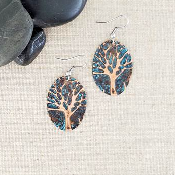 Earrings - Embossed Natural Patina Ovals - Tree - Small - CAJ