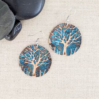 Earrings - Embossed Natural Patina Circles - Tree - Medium - CAJ