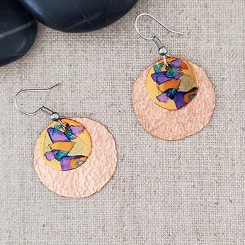 Earrings - Small Double Circles - Alcohol Ink - Blue/Brown - CAJ