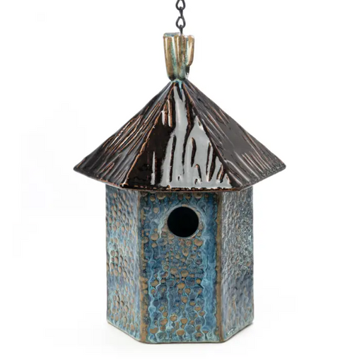 Ceramic Bird House - Hex - Bubbles/Blue Rutile