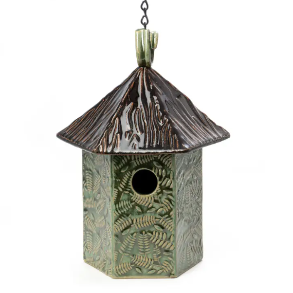 Ceramic Bird House - Hex - Ferns/Jarvis Speckled Green
