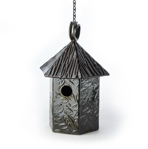 Ceramic Bird House - Hex - Leaves/Pearl Green
