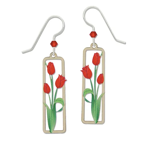 Earrings - Red Tulips in Rectangle - 2307