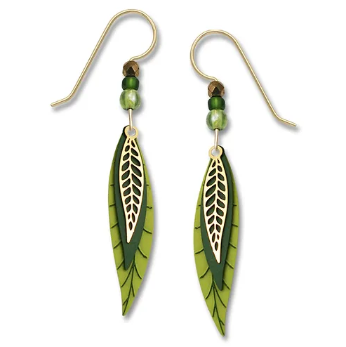 Earrings - Triple Green Leaves with Brass Overlay - 7763