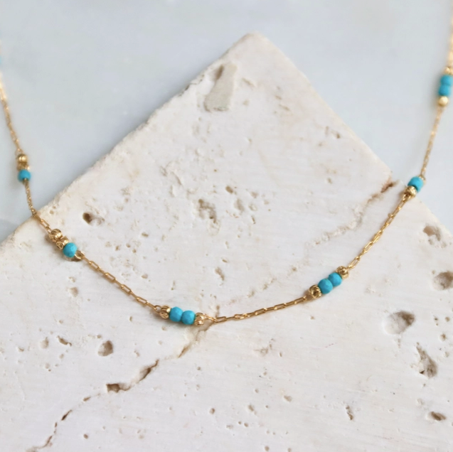 Necklace - Beaded Turquoise Chain - Gold - MB