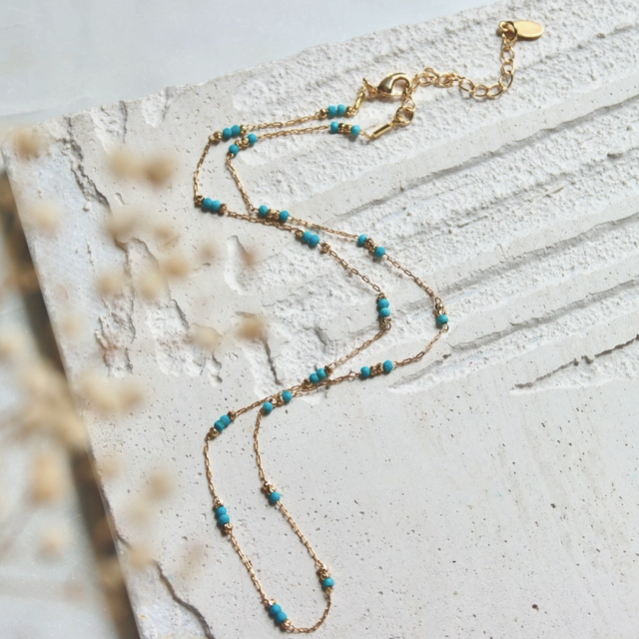 Necklace - Beaded Turquoise Chain - Gold - MB