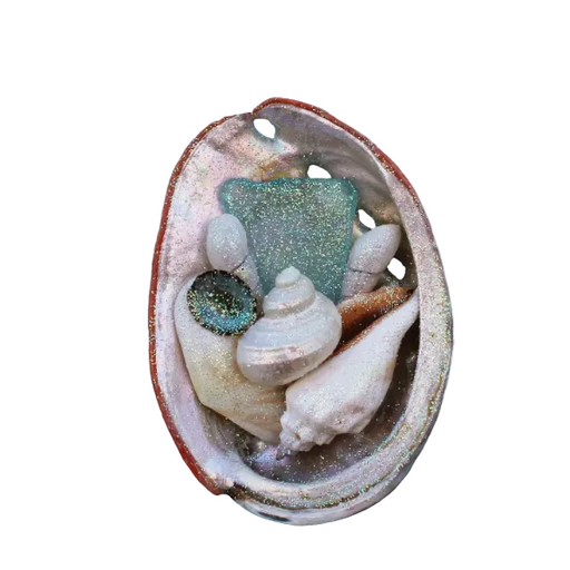 Ornament - Sea Glass Abalone Seashell Collage - Turquoise Sea Glass