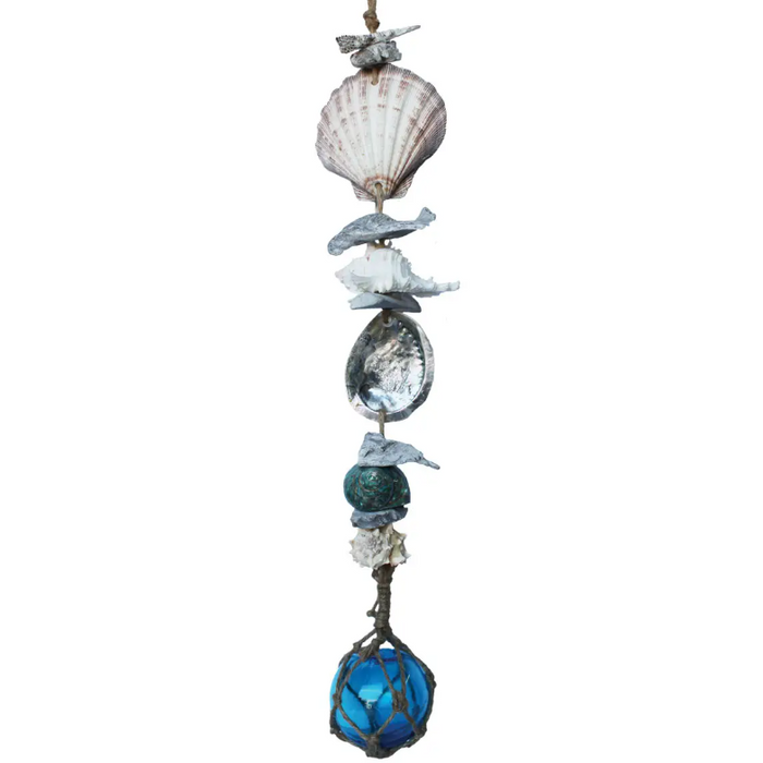 White Driftwood Garland with 4" Nautical Glass Float - Long - Light Blue