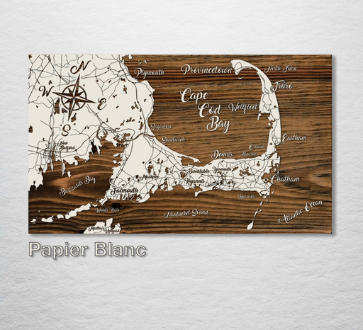 Wood Burnt Map - Cape Cod Bay - Papier Blanc - Schmedium
