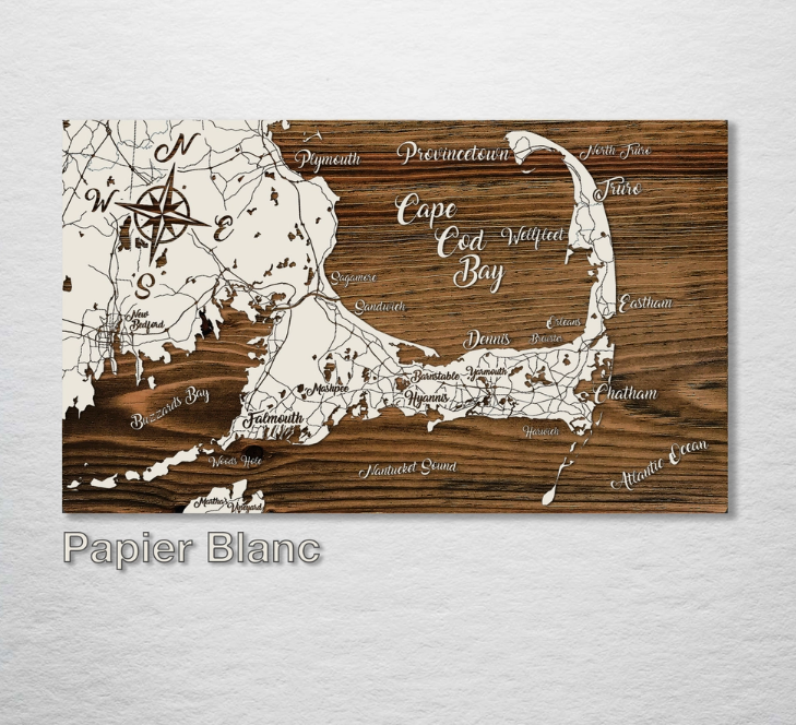 Wood Burnt Map - Cape Cod Bay - Papier Blanc - Schmedium