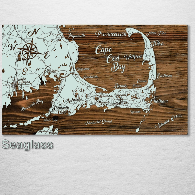 Wood Burnt Map - Cape Cod Bay - Sea Glass - Mini