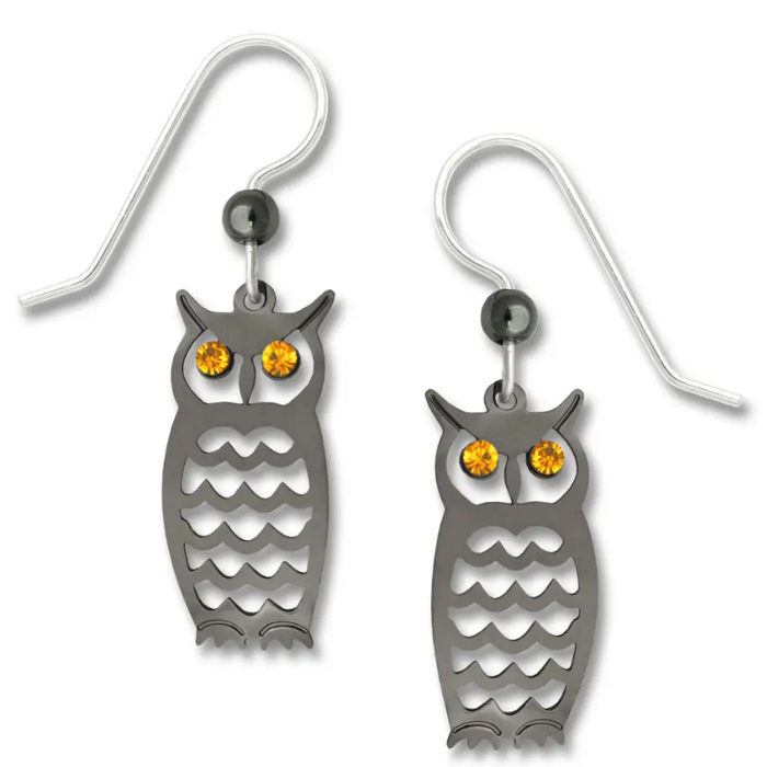 Earrings - Hematite Owl with Topaz Eyes - 1715