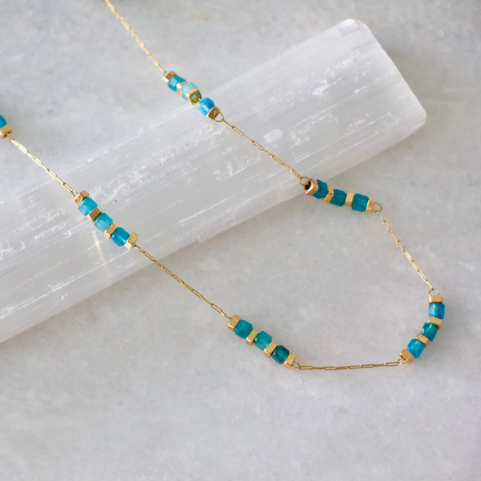 Necklace - Square Stone Beaded Chain - Apatite - MB