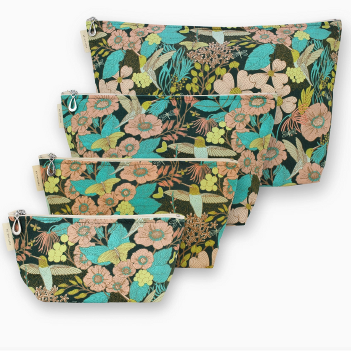 Makeup Bag Set - Dogwood and Hummingbird on Dark Teal - Medium