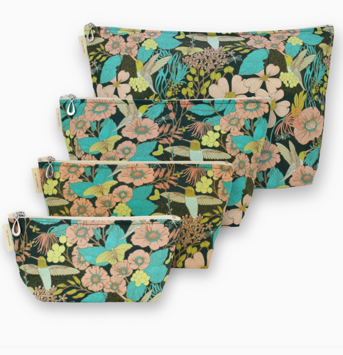 Makeup Bag Set - Dogwood and Hummingbird on Dark Teal - Large