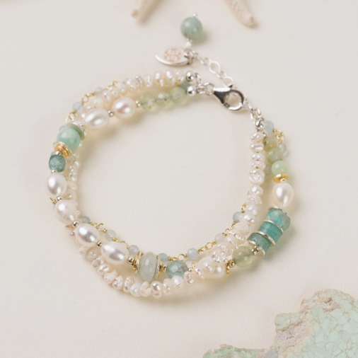 Bracelet - Serenity - Aquamarine, Faceted Amazonite, and Freshwater Pearls Multistrand - AV