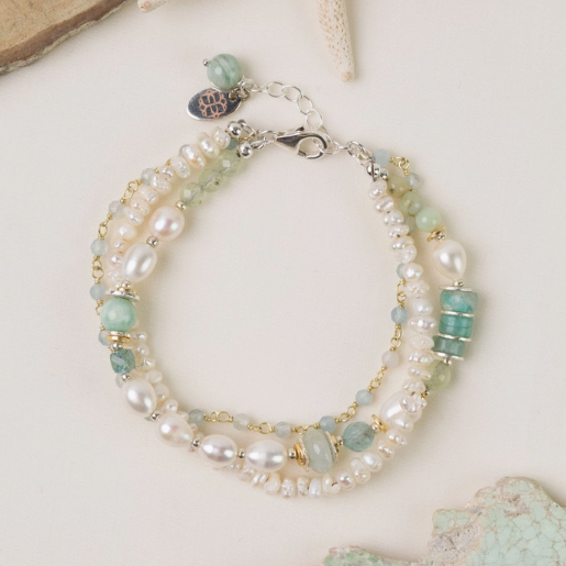 Bracelet - Serenity - Aquamarine, Faceted Amazonite, and Freshwater Pearls Multistrand - AV