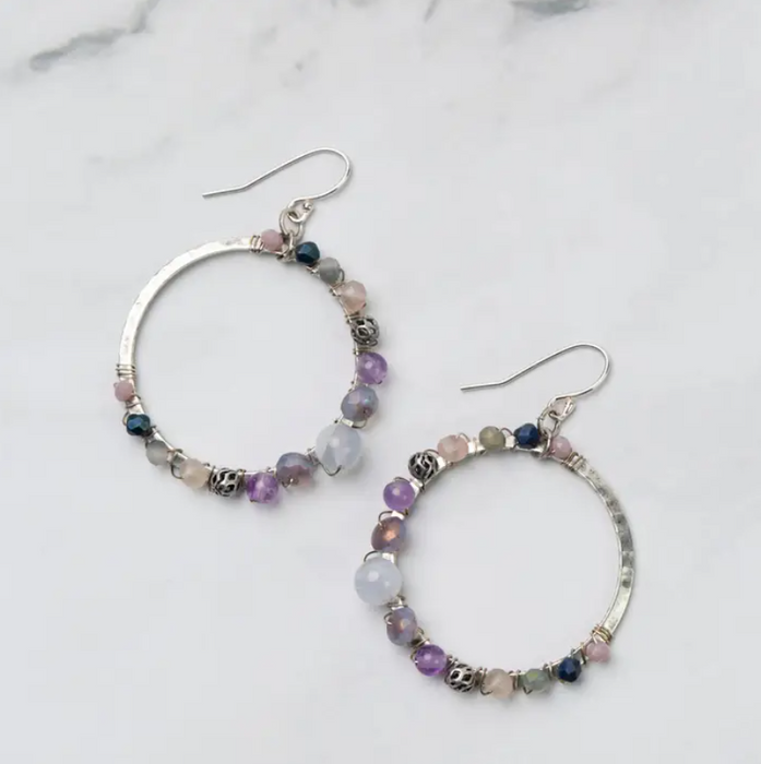 Earrings - Reflections Blue Lace Agate, Amethyst, Crystal Hoop
