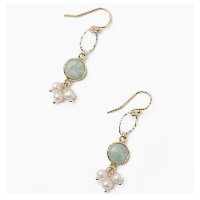 Earrings - Serenity Freshwater Pearl With Faceted Aquamarine Cluster