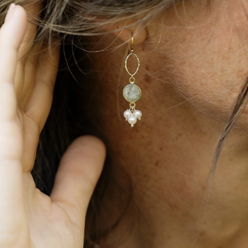 Earrings - Serenity Freshwater Pearl With Faceted Aquamarine Cluster