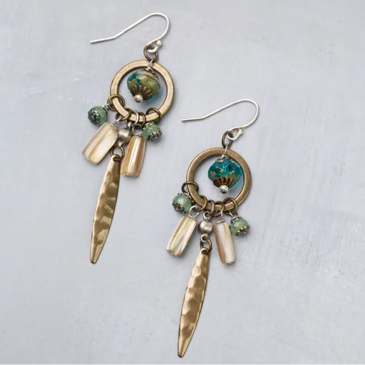 Earrings - Venetian Dreams Antique Brass Hoop With Hammered Brass Long Spike Abalone Shell And Czech Glass Statement