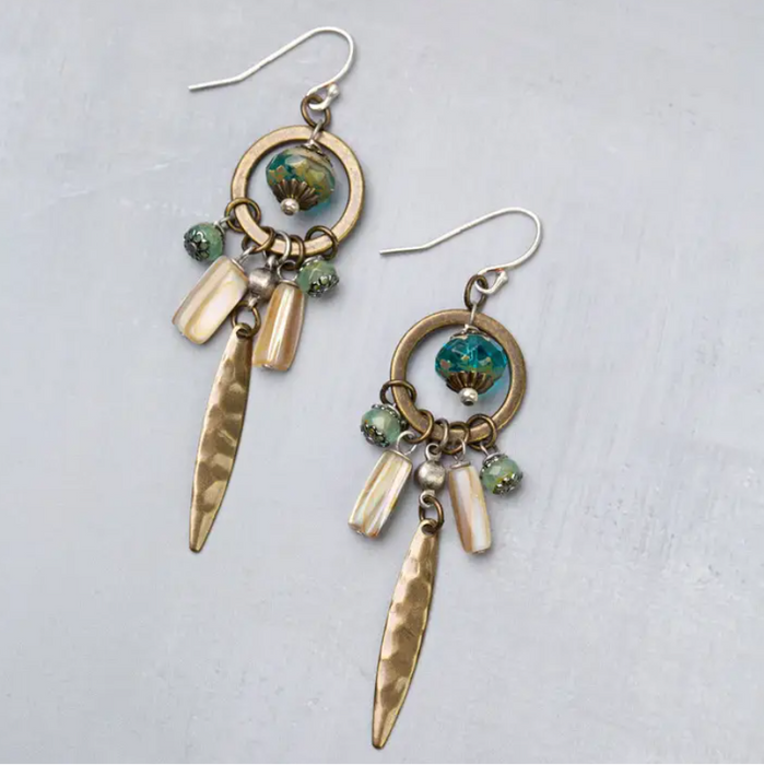 Earrings - Venetian Dreams Antique Brass Hoop With Hammered Brass Long Spike Abalone Shell And Czech Glass Statement