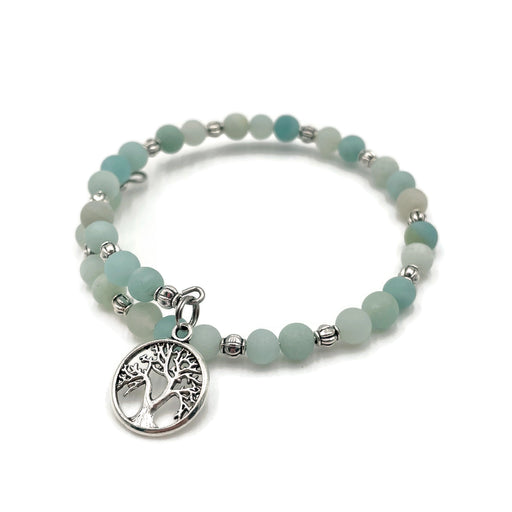 Gemstone Wrap Bracelet - Blue Amazonite - Matte - Tree of Life Charm