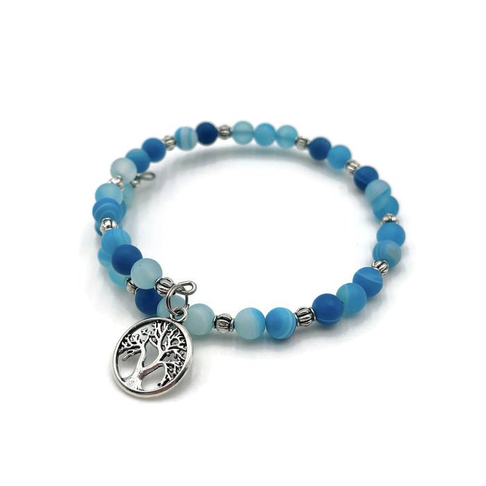 Gemstone Wrap Bracelet - Blue Banded Agate - Matte - Tree of Life Charm
