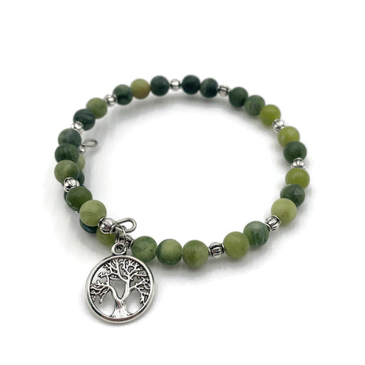 Gemstone Wrap Bracelet - Green Jade - Matte - Tree Charm