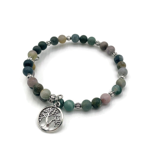 Gemstone Wrap Bracelet - Moss Agate - Matte - Tree of Life Charm