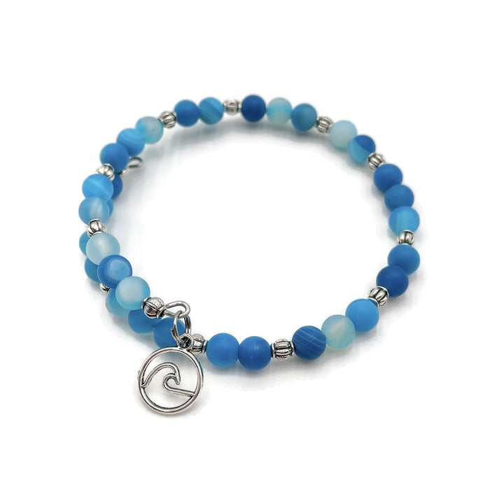 Gemstone Wrap Bracelet - Blue Banded Agate - Matte - Wave Charm