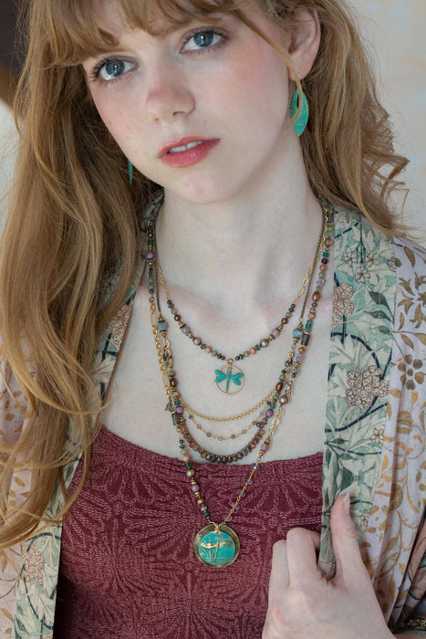 Folklore 17-19" Phosphorite, Czech Glass, Freshwater Pearl Dragonfly Collage Necklace