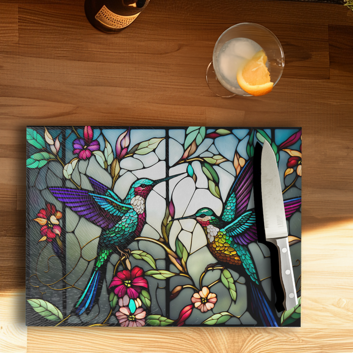 Tempered Glass Cutting Board: Hummingbird - 8x11