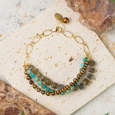 Bracelet - Desert Sunset 7.5-8.5" Labradorite, Turquoise, Freshwater Pearl Multistrand Bracelet