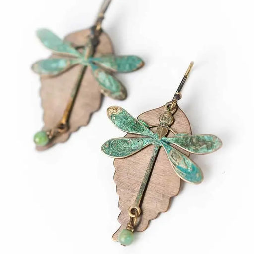 Earrings - Rustic Creek - Dragonfly and Copper Leaf - AV