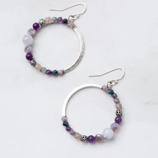 Earrings - Reflections - Blue Lace Agate, Amethyst, Crystal Hoops - AV